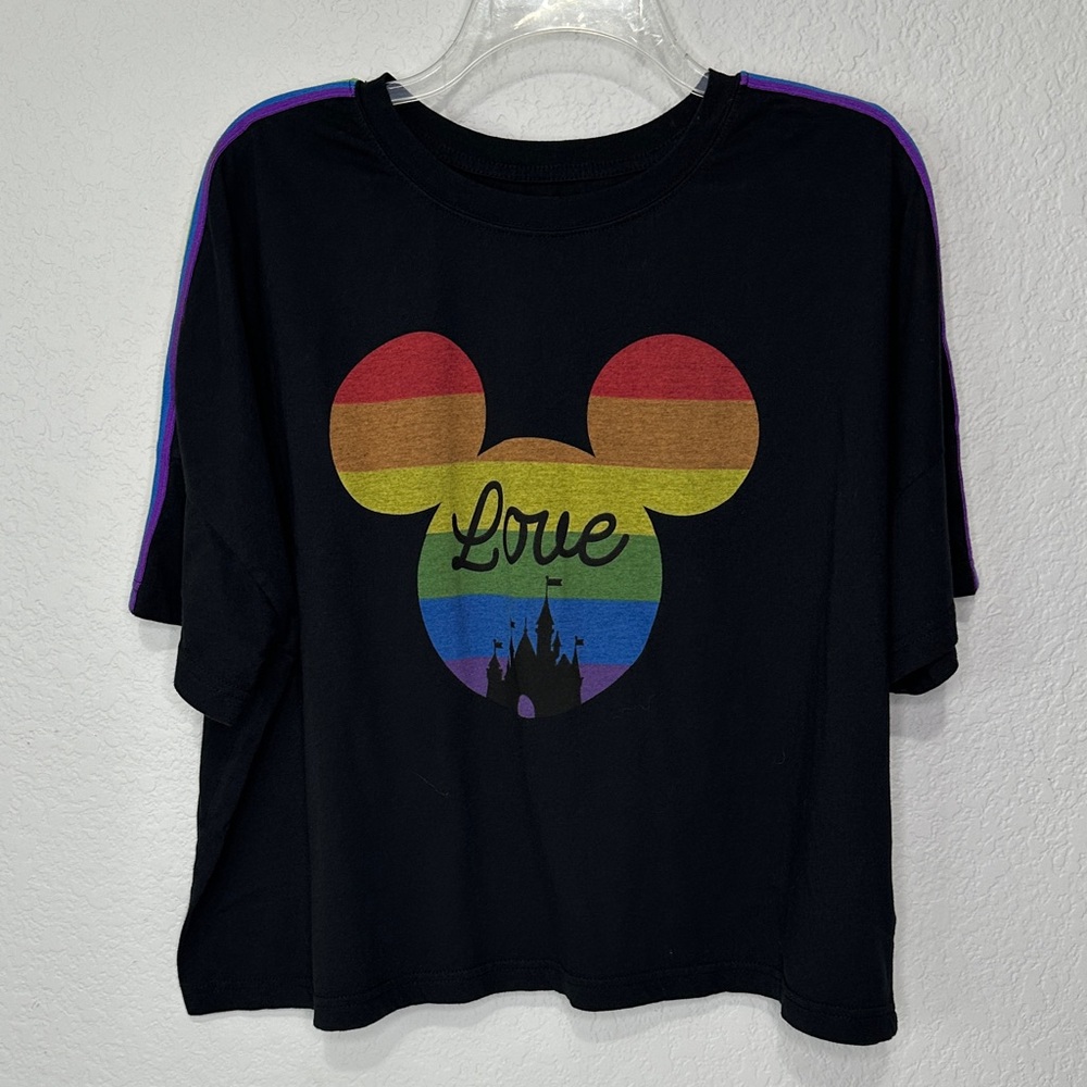 Disney Black Cropped Short Sleeve Tee with Mickey Mouse and Rainbow Stripes XXL